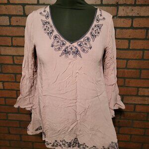 Double Zero. Mocha tunic with Navy embroidery.  Large.